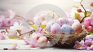 easter eggs in a basket with spring flowers on wooden background