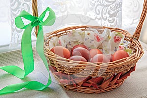 Easter eggs in the basket of wooden boards