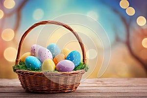 Easter eggs in basket on wooden table outdoors at sunny day