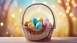 Easter eggs in basket on wooden table outdoors at sunny day