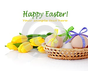 Easter eggs in the basket and yellow tulips isolated on white