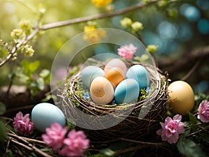 easter eggs in bird\'s nest on tree branch with flowers and springtime nature background