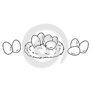 Easter eggs in birds nest. Cartoon image doodle for coloring. Lineart sketch