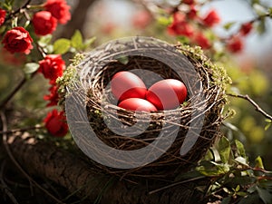 easter eggs in birds nest on tree branch and bougainvillea plant red flowers