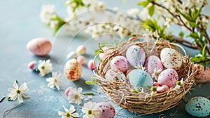 Easter eggs blossom branches in woven nest on blue background. Holiday banner card template with copy space