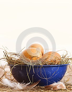 Easter eggs in blue bowl with straw