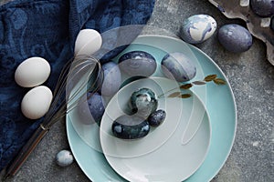 Easter eggs with blue cloth