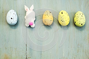 Easter eggs on blue wooden background