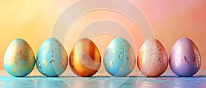 Easter eggs on a blurred peach background with bokeh