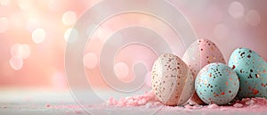 Easter eggs on a blurred peach background with bokeh