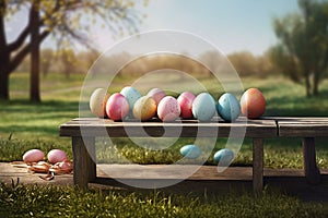 Easter eggs on a brench in front of a field