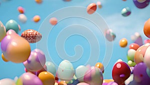 Easter eggs in the bright blue sky. Colorful painted Easter nature spring scene background. Beautiful colorful eggs over