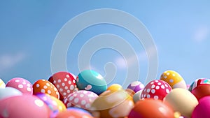 Easter eggs in the bright blue sky. Colorful painted Easter nature spring scene background. Beautiful colorful eggs over