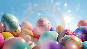 Easter eggs in the bright blue sky. Colorful painted Easter nature spring scene background. Beautiful colorful eggs over