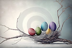Easter eggs of bright color on a tree branch. With Generative AI tehnology