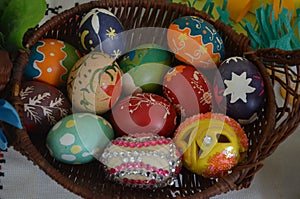 Easter eggs in a brown basket on the table.