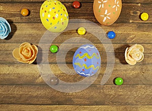 Easter eggs on a brown wooden