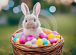 Easter eggs and bunny in basket