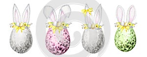 Easter eggs with Bunny ears and floral crown set isolated Watercolor illustration on white background. Hand painted