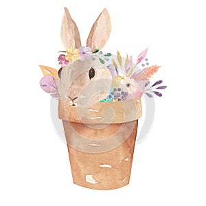 Easter Eggs Bunny Flower Pot Watercolor Pastel Spring Leaves Pink Floral