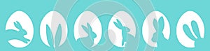 Easter eggs with bunny silhouettes blue set vector illustration, flat design. Happy easter background