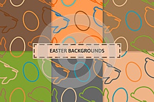 Easter eggs and bunny on various colorful backgrounds. Seasonal seamless patterns