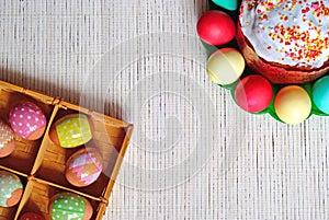 Easter eggs and cake. Eggs in a basket and on a plate.