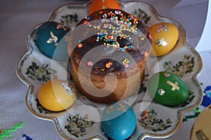 Easter eggs and cake are on the plate.