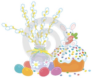 Easter eggs, a cake and willow branches