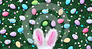 Easter eggs and candy with pink bunny ears