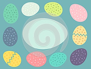 Easter eggs card background. Colorful Easter eggs border. Bird eggs collection