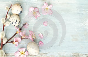 Easter eggs and cherry blossom retro blue background