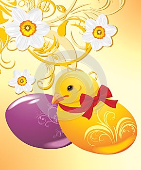 Easter eggs and chick on the ornamental background
