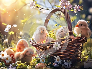 Easter eggs and chickens in a basket on a green grass background