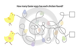 Easter eggs, chickens educational game, puzzle, simple labyrinth, nursery school spring holiday activity