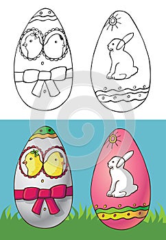 Easter eggs with chickens and white rabbit