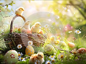 Easter eggs and chicks in basket on green grass with daisies