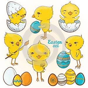 Easter eggs chicks. Vector set