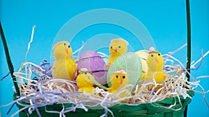 Easter eggs and chiks. Funny decoration and gift. Happy Easter.