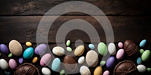 Easter eggs and chocolate sweets on dark wood background banner or header with copy space. Generative AI.