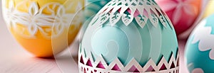easter eggs collection, festive banner, one egg has paper cut design