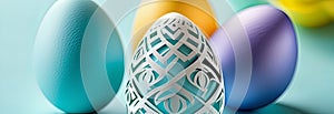 easter eggs collection, festive banner, one egg has paper cut design