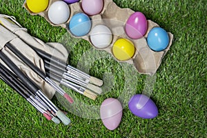 Easter eggs colored on grass  wide view or top view