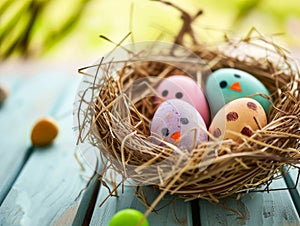 Easter eggs in a colorful nest on a rustic wooden table. Perfect for Easter celebrations or spring displays