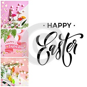 Easter  eggs colorful pastel abstract modern design template background set banner   collage set illustration pink yellow blue whi