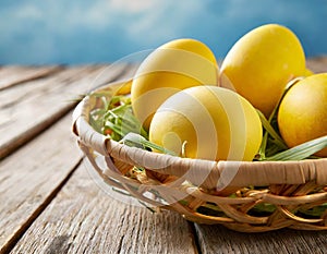 Easter eggs coloured in yellow. Easter basket