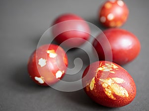 Easter eggs common during the season of Easter. Tradition of the staining of Easter eggs with the color red