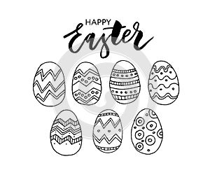 Easter eggs composition hand drawn black on white background. Decorative horizontal stripe from eggs with leaves and watercolor