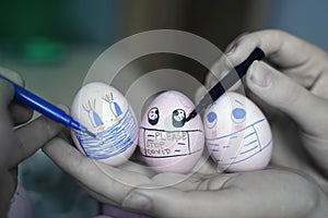 Easter eggs with Corona virus COVID19 protection concepts. DIY easter eggs wearing mask for Easter holidays decoration. Selective