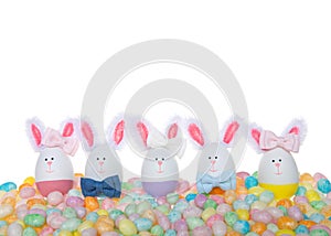 Easter Eggs crafted into bunnies, boys and girls, wearing bow ties